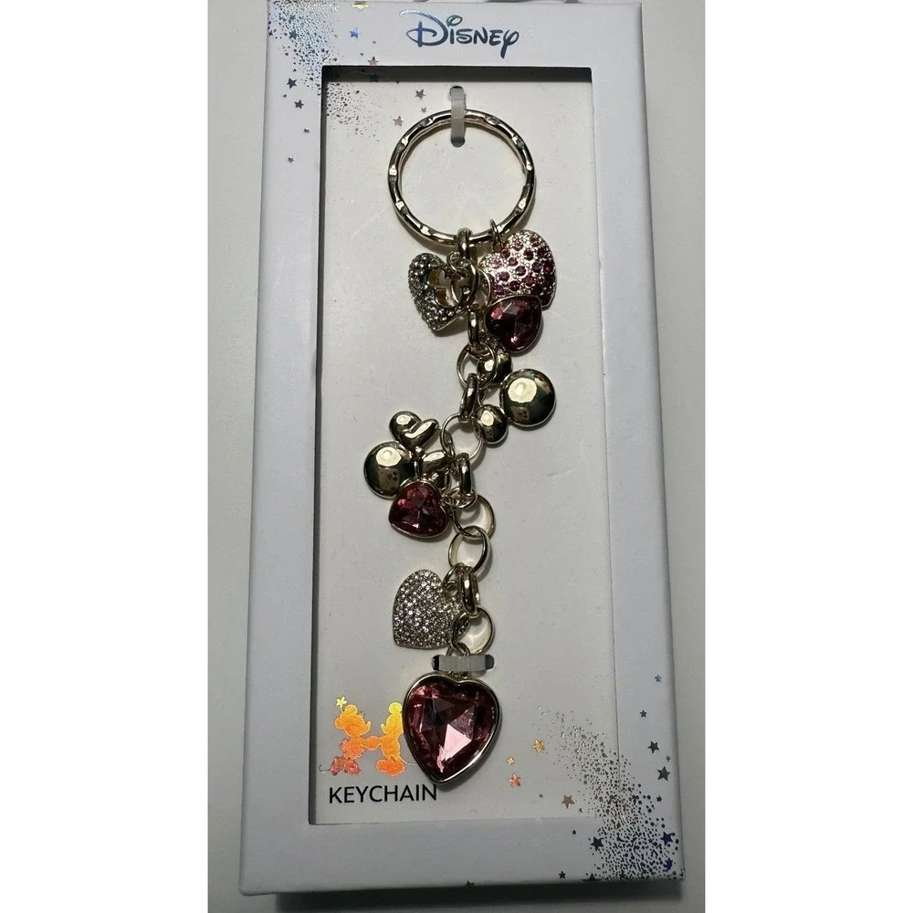 Disney Pink Crystal Heart Gold Tone Keychain Mickey Mouse Bag Charm NIB LA Rocks
